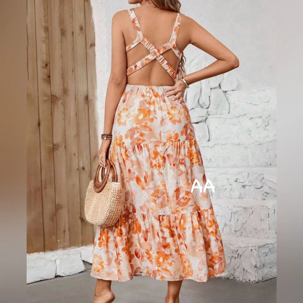 Boho Floral Print Spaghetti Strap Crisscross Black Dress - Picture 7 of 7